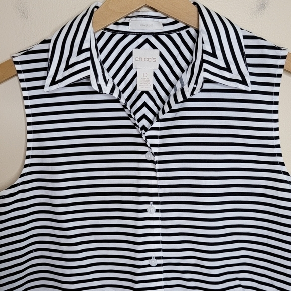 Chico's | Black & White Striped Sleeveless Collared Shirt - Picture 3 of 5